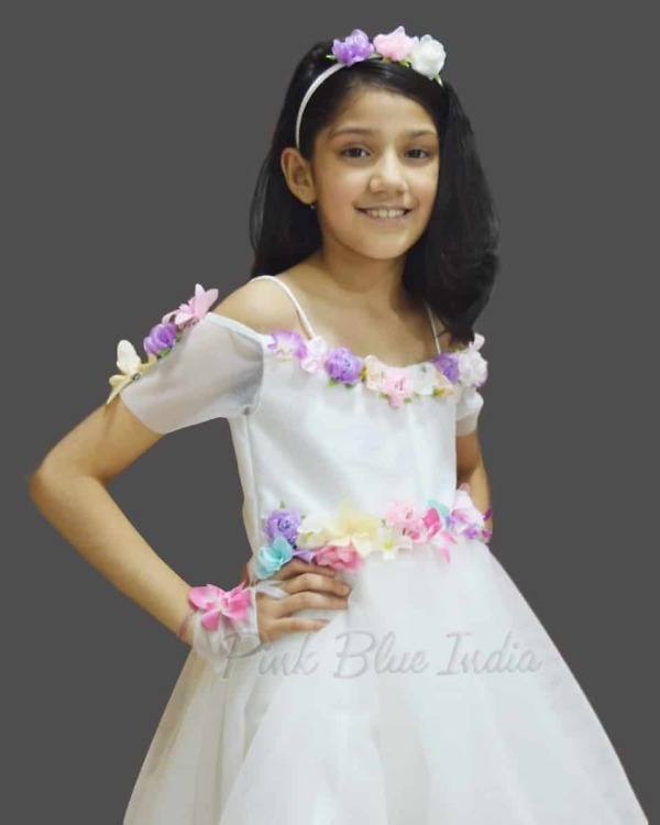 White birthday party dress for baby girl frill design cute celebration wear
