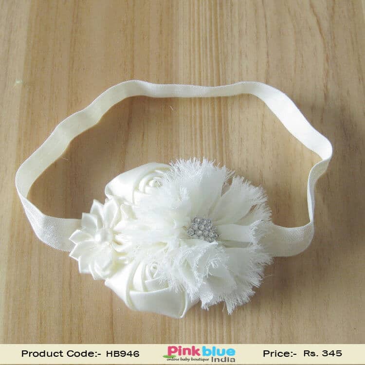 White flower headband for baby girls ceremony wear, soft elegant look