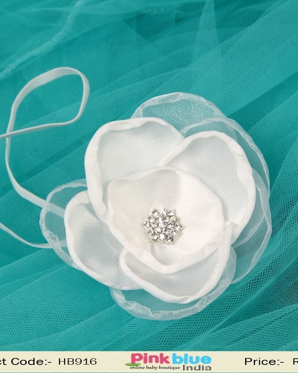White net flower headband for newborn baby girl ceremony wear, soft elegant look