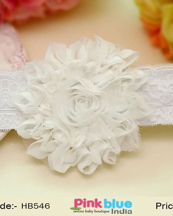White net baby girl headband with big flower for wedding, elegant and adorable