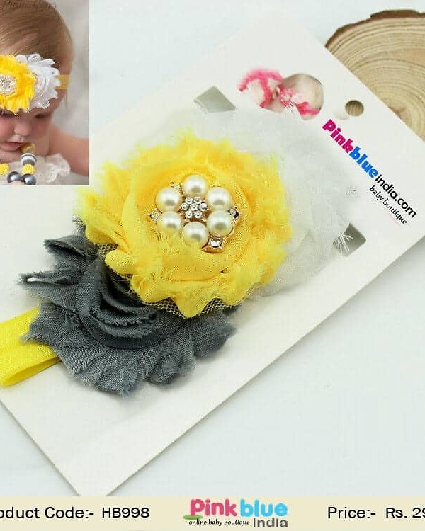 Yellow grey white baby flower hairband for wedding, soft and stylish accessory