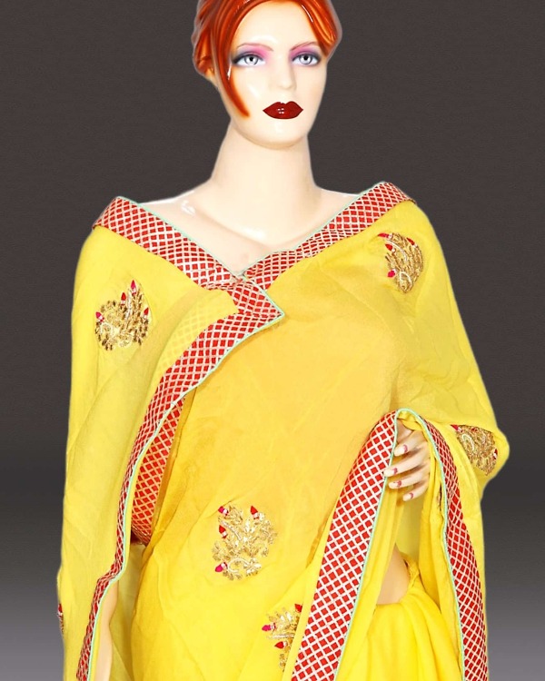 Women yellow Rajasthani saree gota patti design wedding festive wear elegant traditional