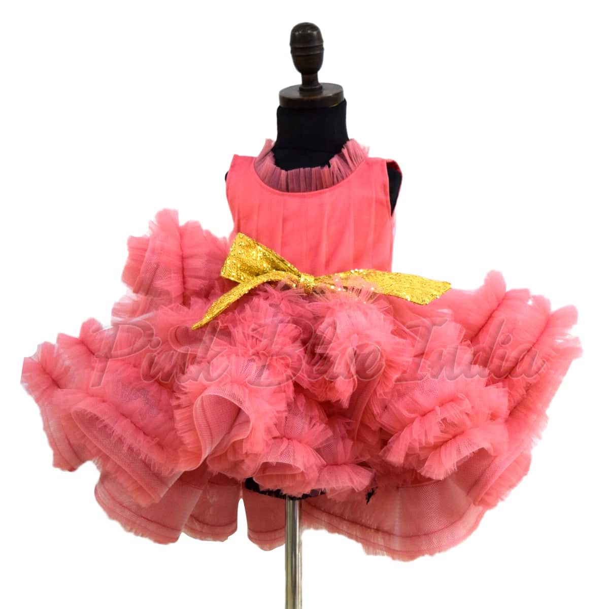 Peach party gown with ruffle layers and bow for girls birthday elegant outfit