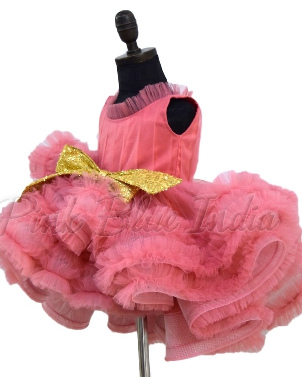 Elegant peach ruffle gown for girls birthday party wear with bow stylish look