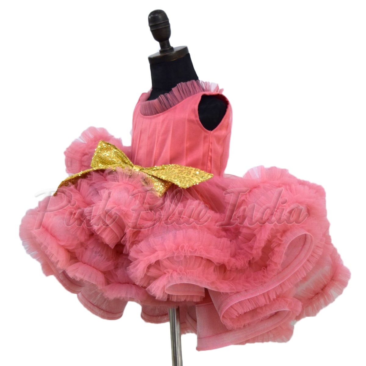 Elegant peach ruffle gown for girls birthday party wear with bow stylish look