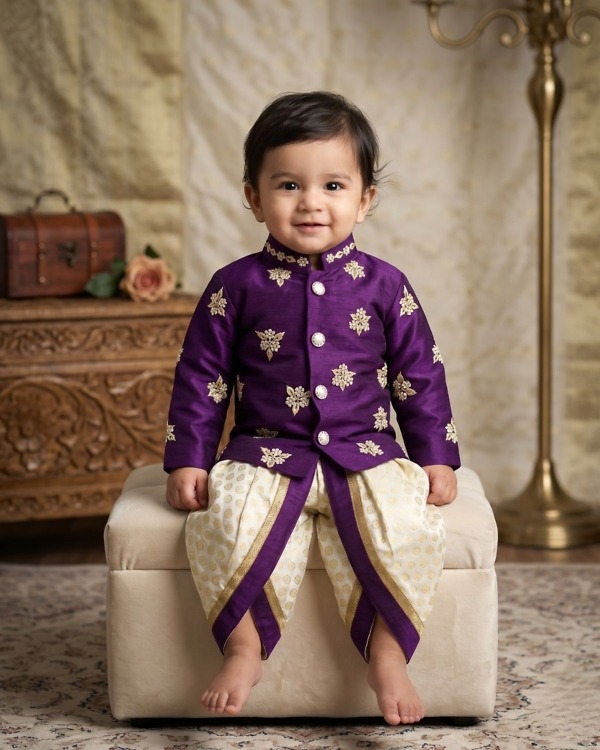 Stylish baby boy blue kurta maroon pajama set, festive ethnic wear for Diwali & weddings