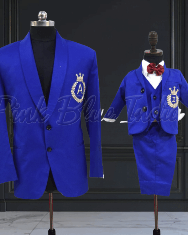 Father son blue suit matching outfit for special occasions by Pink Blue India