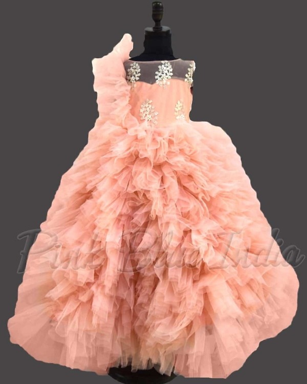 Peach color layered net gown for girls birthday party elegant princess wear