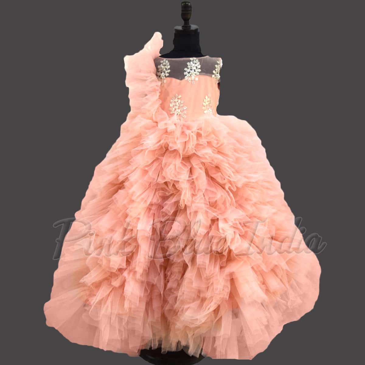 Peach color layered net gown for girls birthday party elegant princess wear