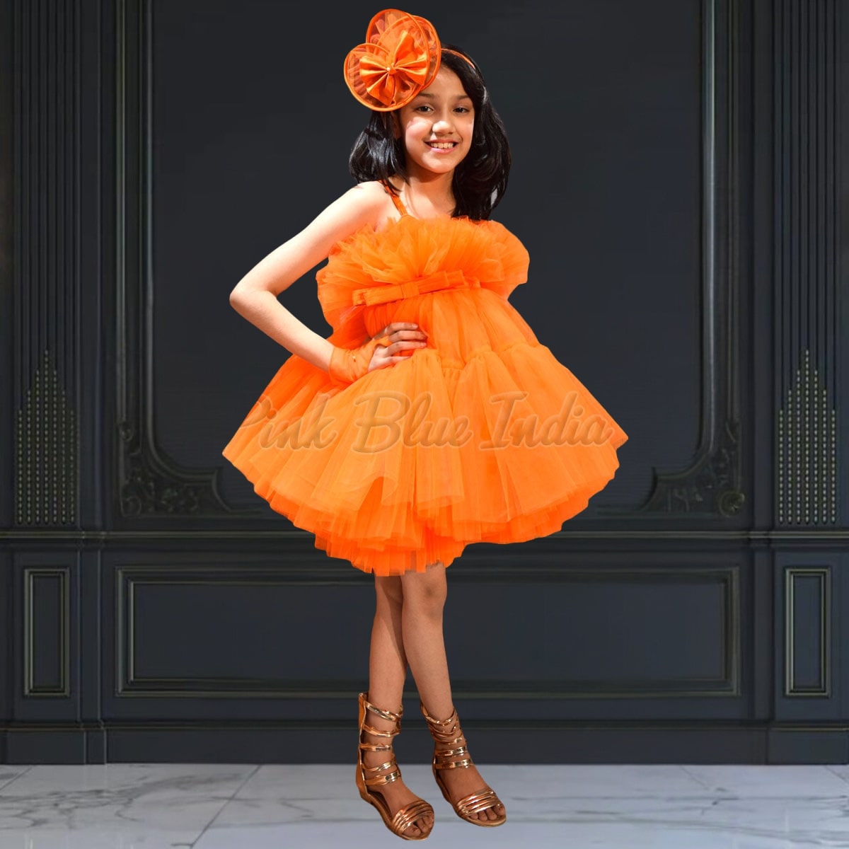 Candy orange western dress for girls side view modern look