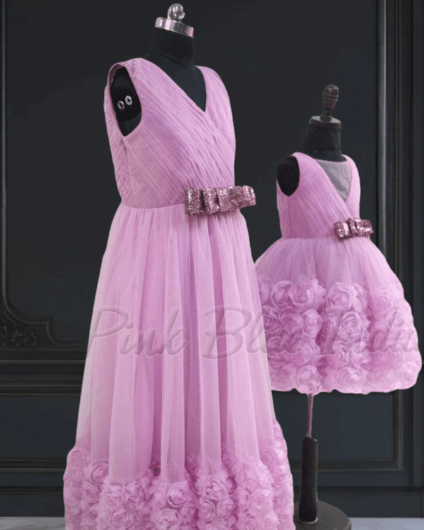 Mother daughter rosette gown stylish matching combo by Pink Blue India