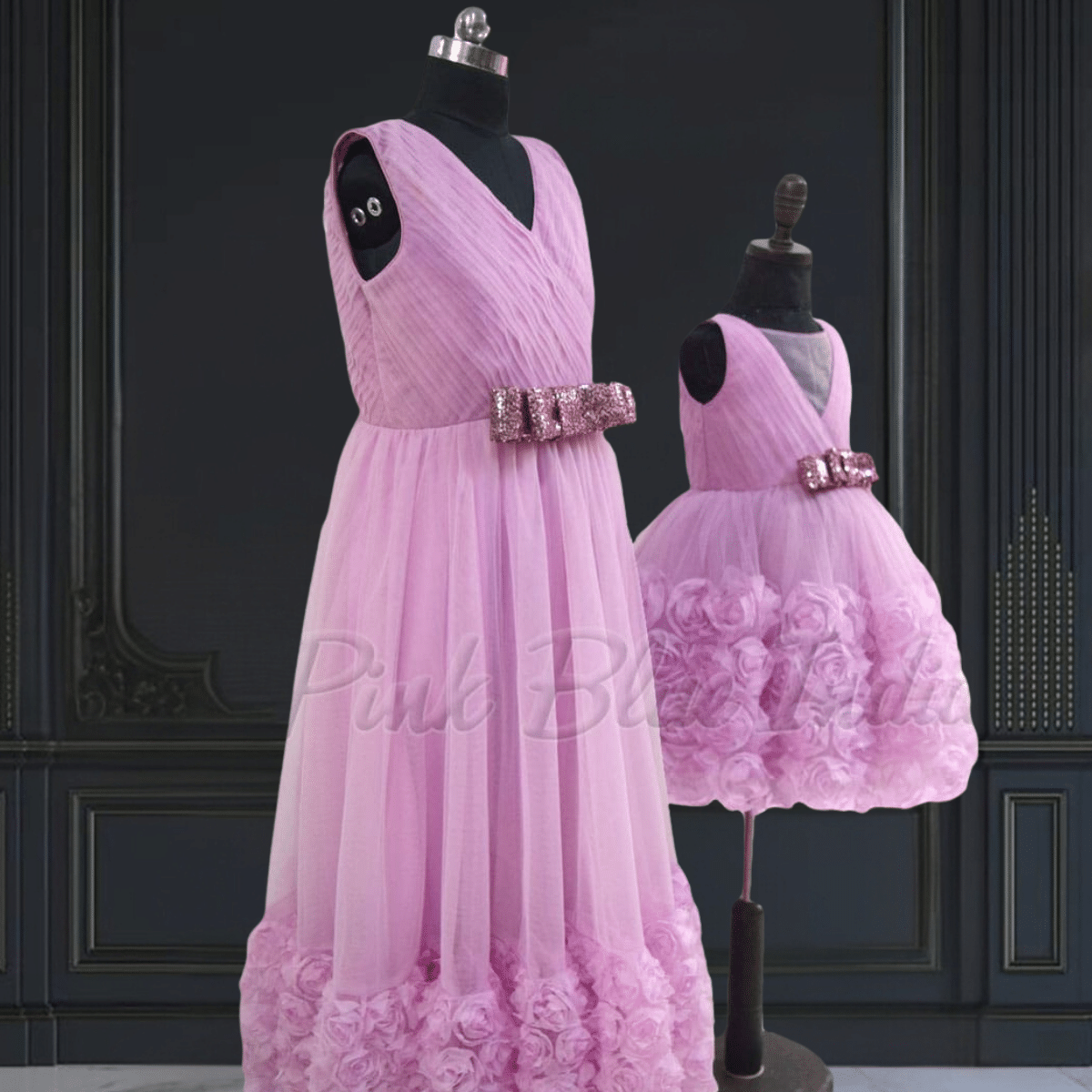 Mother daughter rosette gown stylish matching combo by Pink Blue India