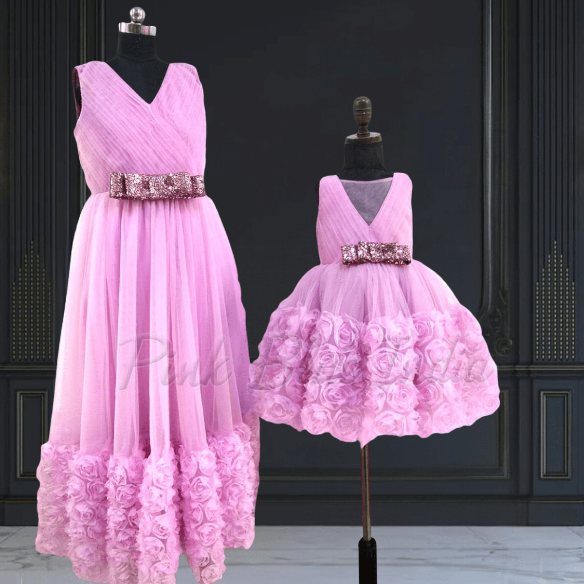 Mother daughter rosette party dress coordinated outfit by Pink Blue India