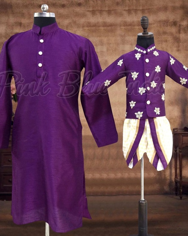 Father son silk jacket dhoti set wedding festive outfit traditional stylish