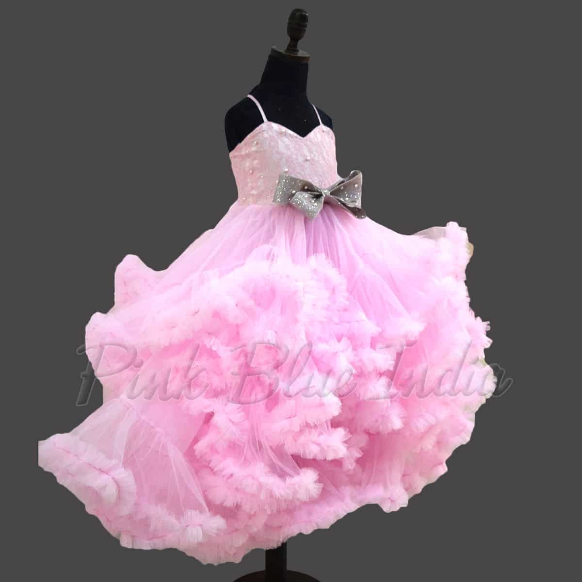 Stylish asymmetrical pink gown with bow for girls birthday elegant party outfit