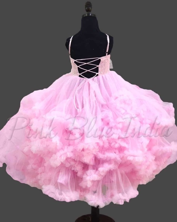 Girls pink asymmetrical dress with bow for birthday celebration trendy party wear