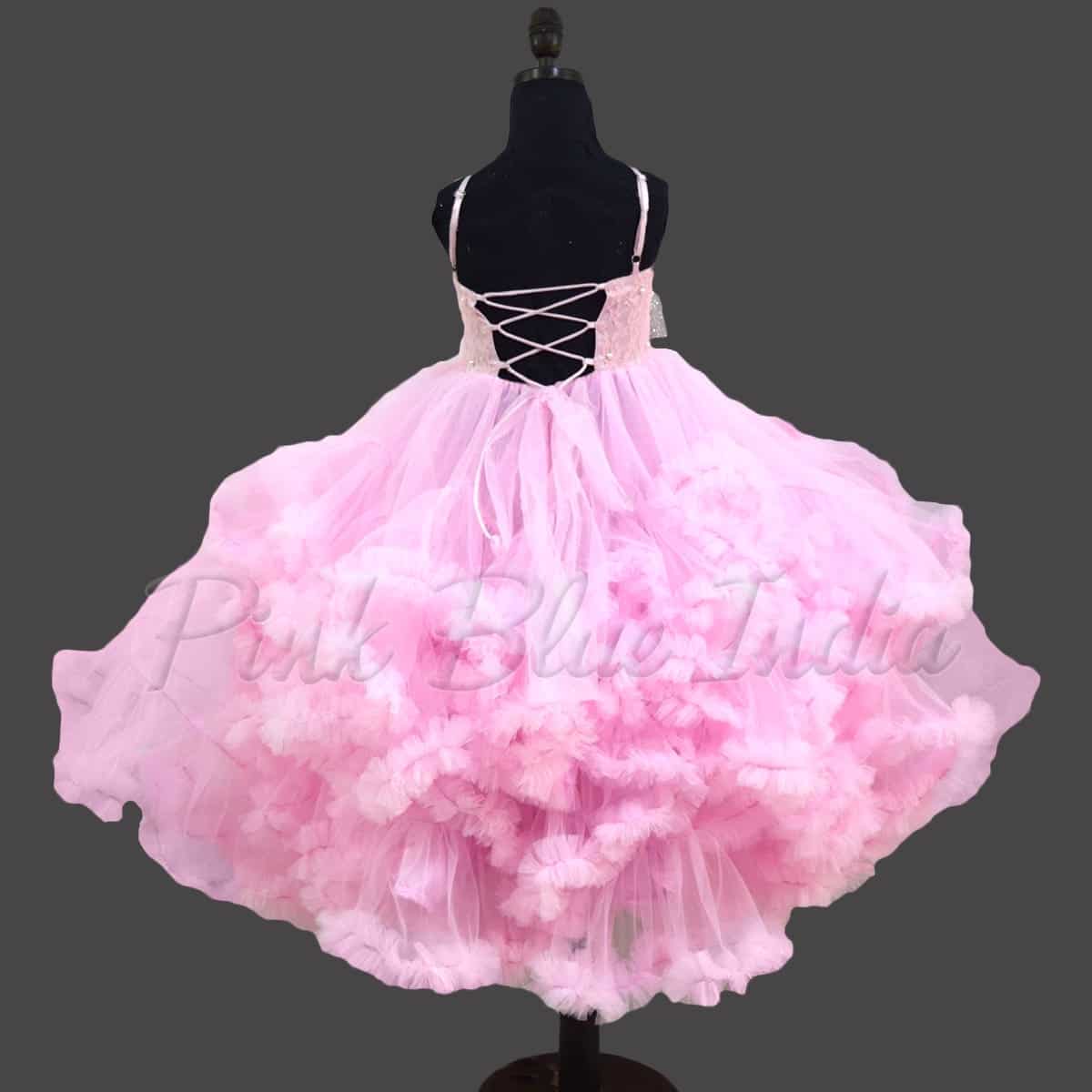 Girls pink asymmetrical dress with bow for birthday celebration trendy party wear