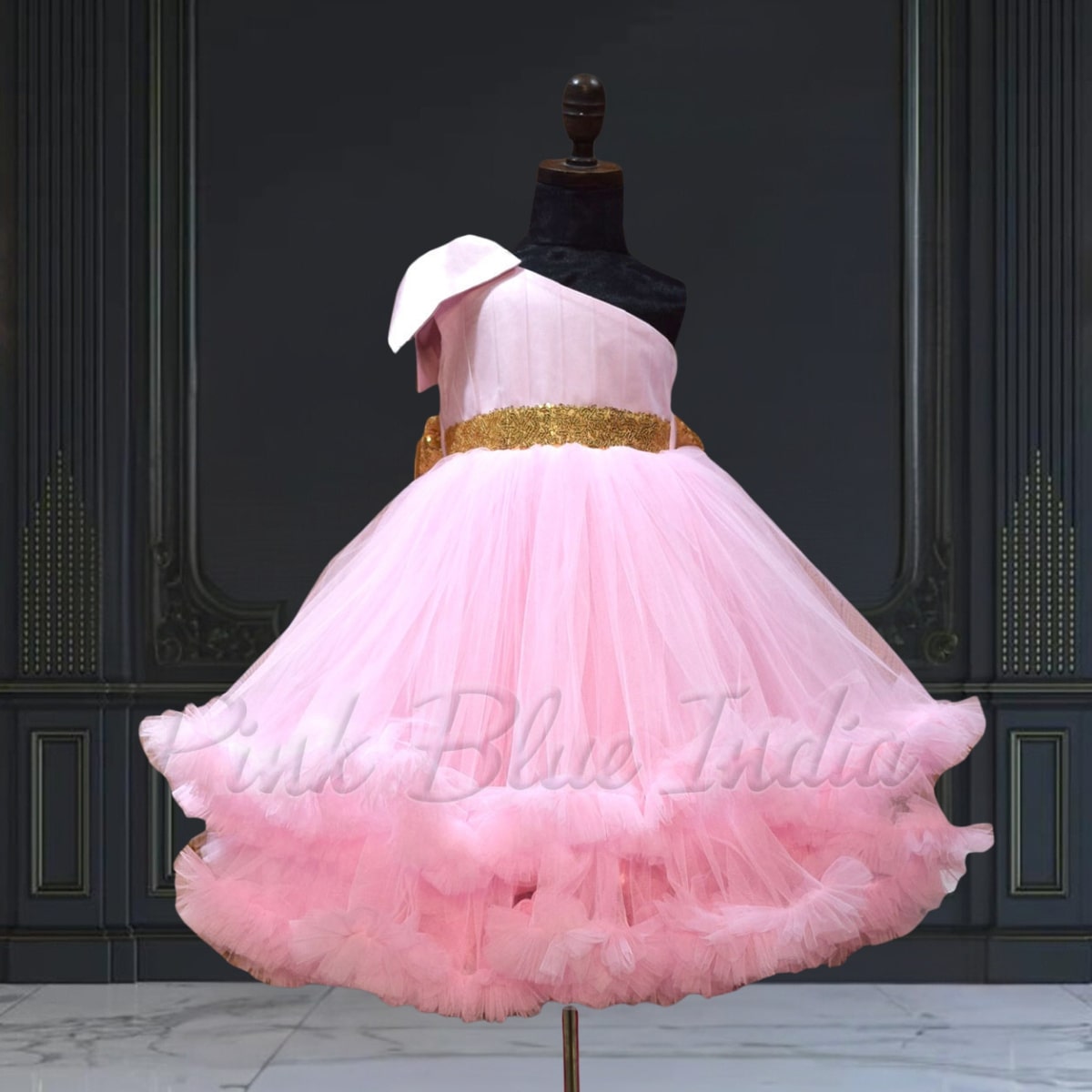 Girls One Shoulder Ruffle Gown Heavy Net Party Wear Pink Blue India