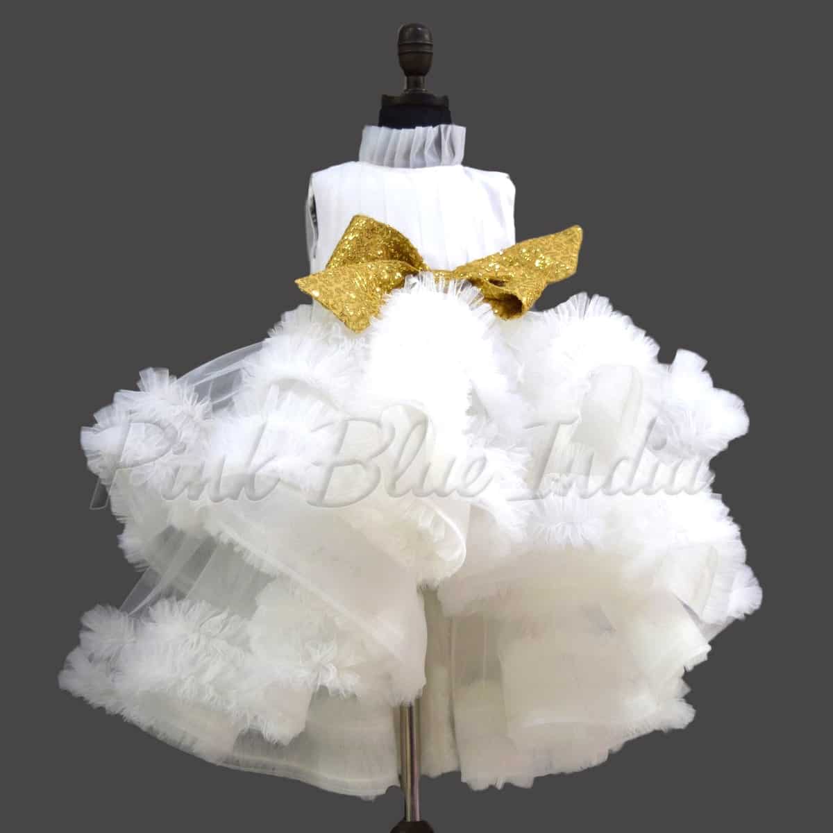 Girls white layered ruffle gown with bow for birthday celebration stylish party wear