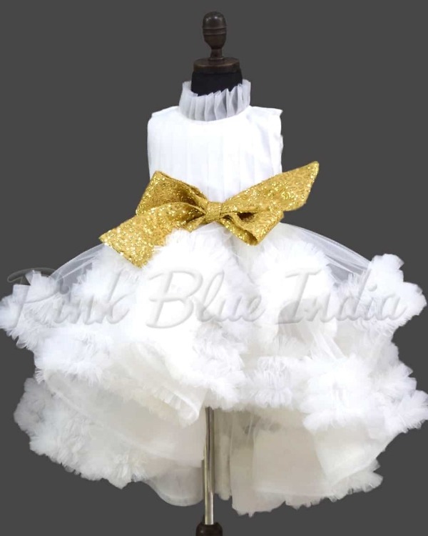 White ruffle gown with bow for girls birthday party elegant princess style outfit