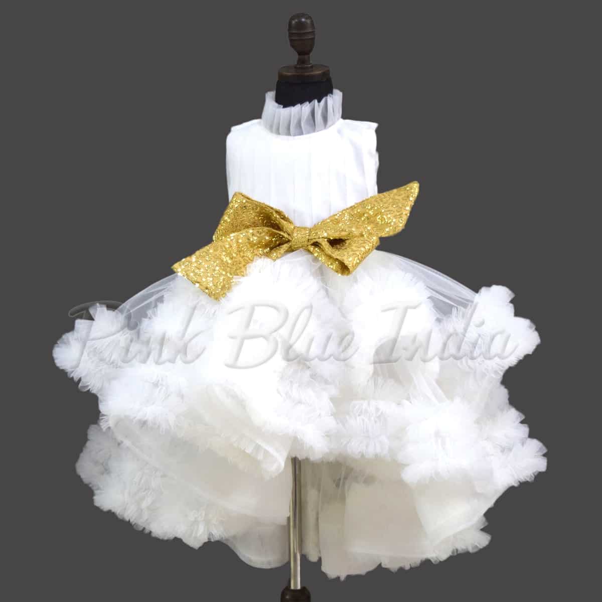 White ruffle gown with bow for girls birthday party elegant princess style outfit