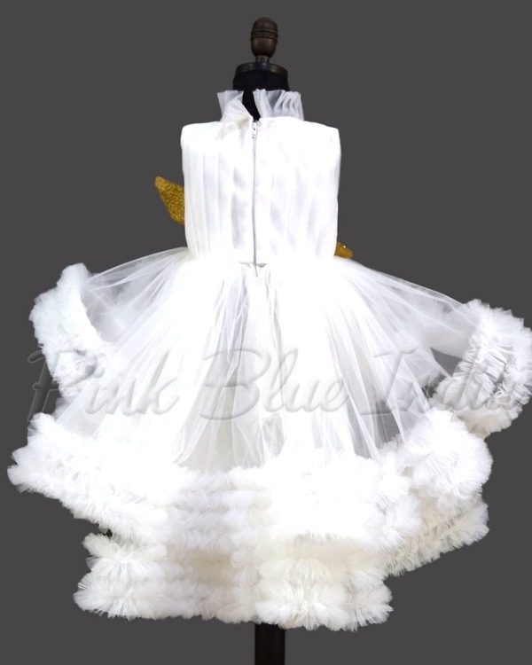 Party Wear White ruffle gown with bow for girls birthday party