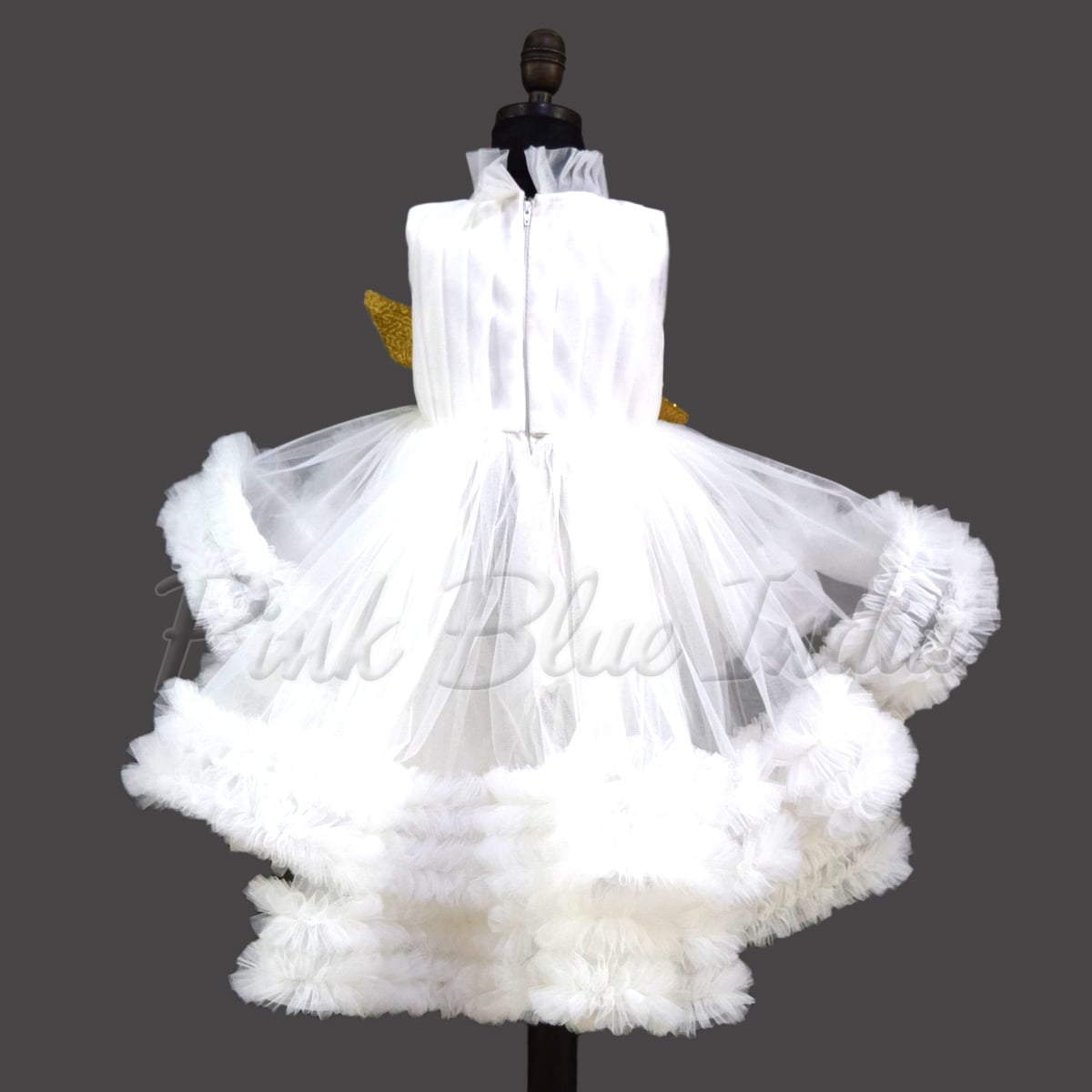 Party Wear White ruffle gown with bow for girls birthday party