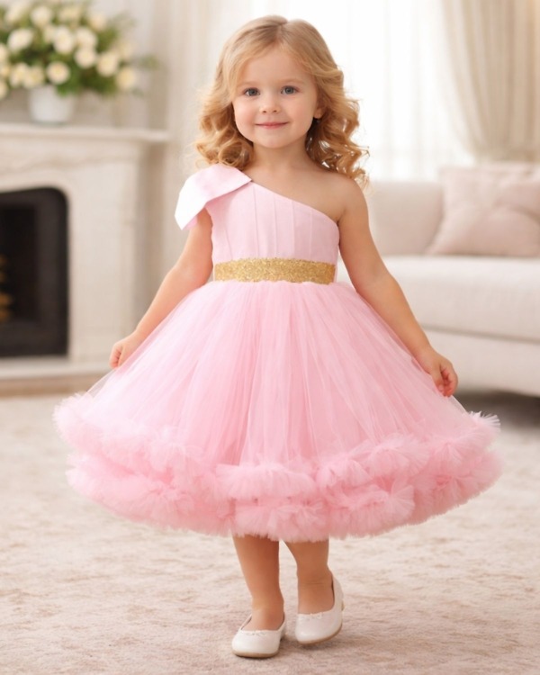 Pastel pink baby girl dress frock, birthday party gown for kids, elegant outfit