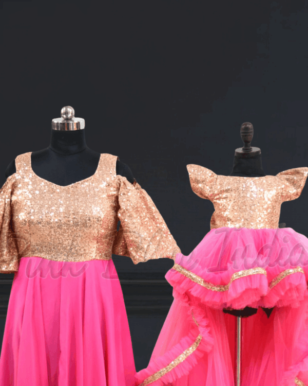 Mom daughter pink gown matching outfit for special occasions by Pink Blue India