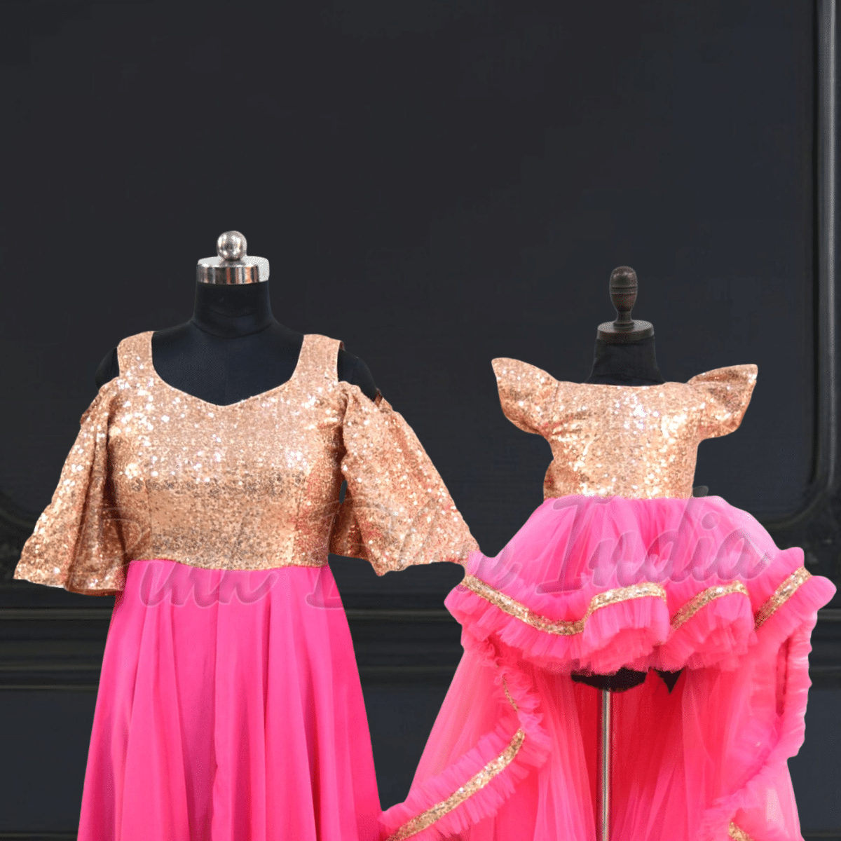 Mom daughter pink gown matching outfit for special occasions by Pink Blue India