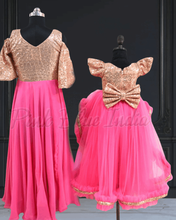 Pink mother daughter matching gown combo for birthday party by Pink Blue India