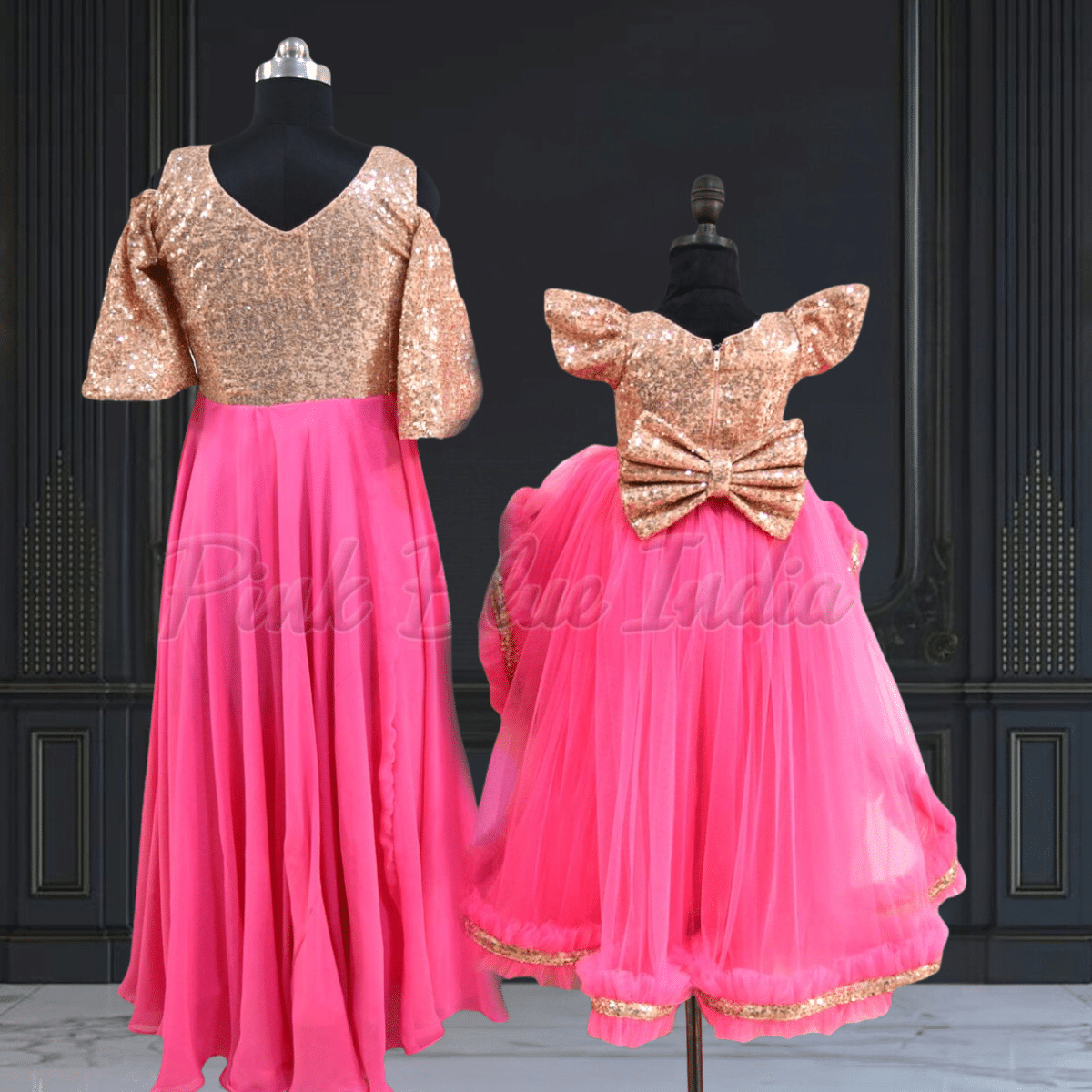 Pink mother daughter matching gown combo for birthday party by Pink Blue India