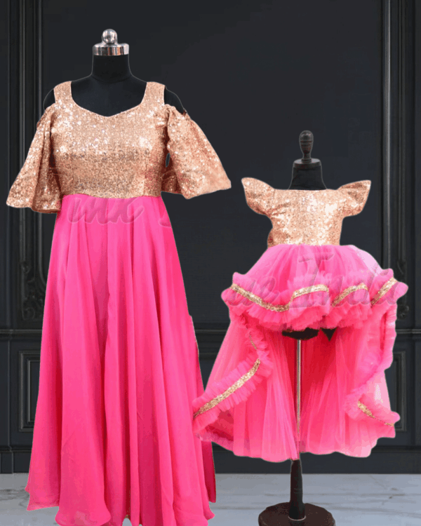 Mother daughter pink coordinated gown stylish matching set by Pink Blue India