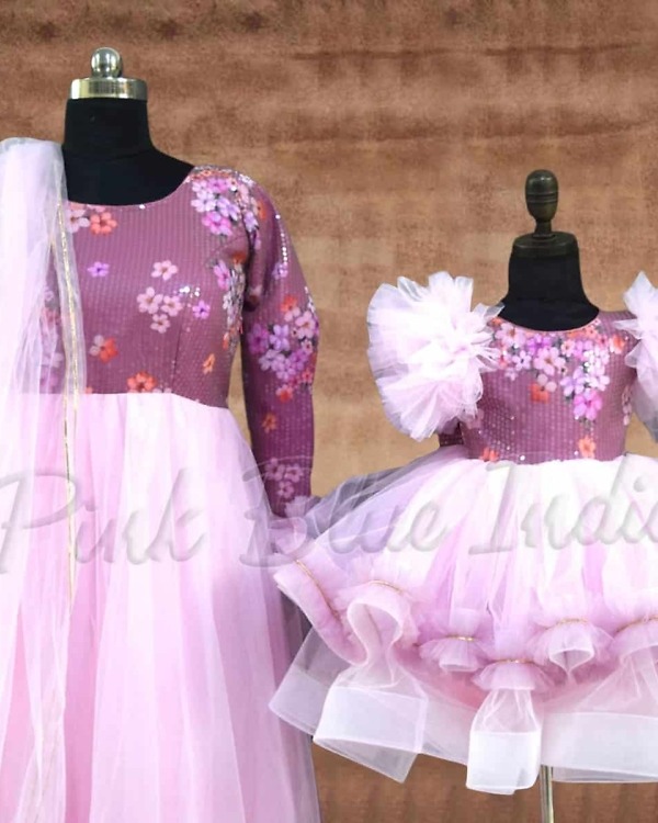 Mother daughter pink gown set family matching party wear stylish elegant outfit