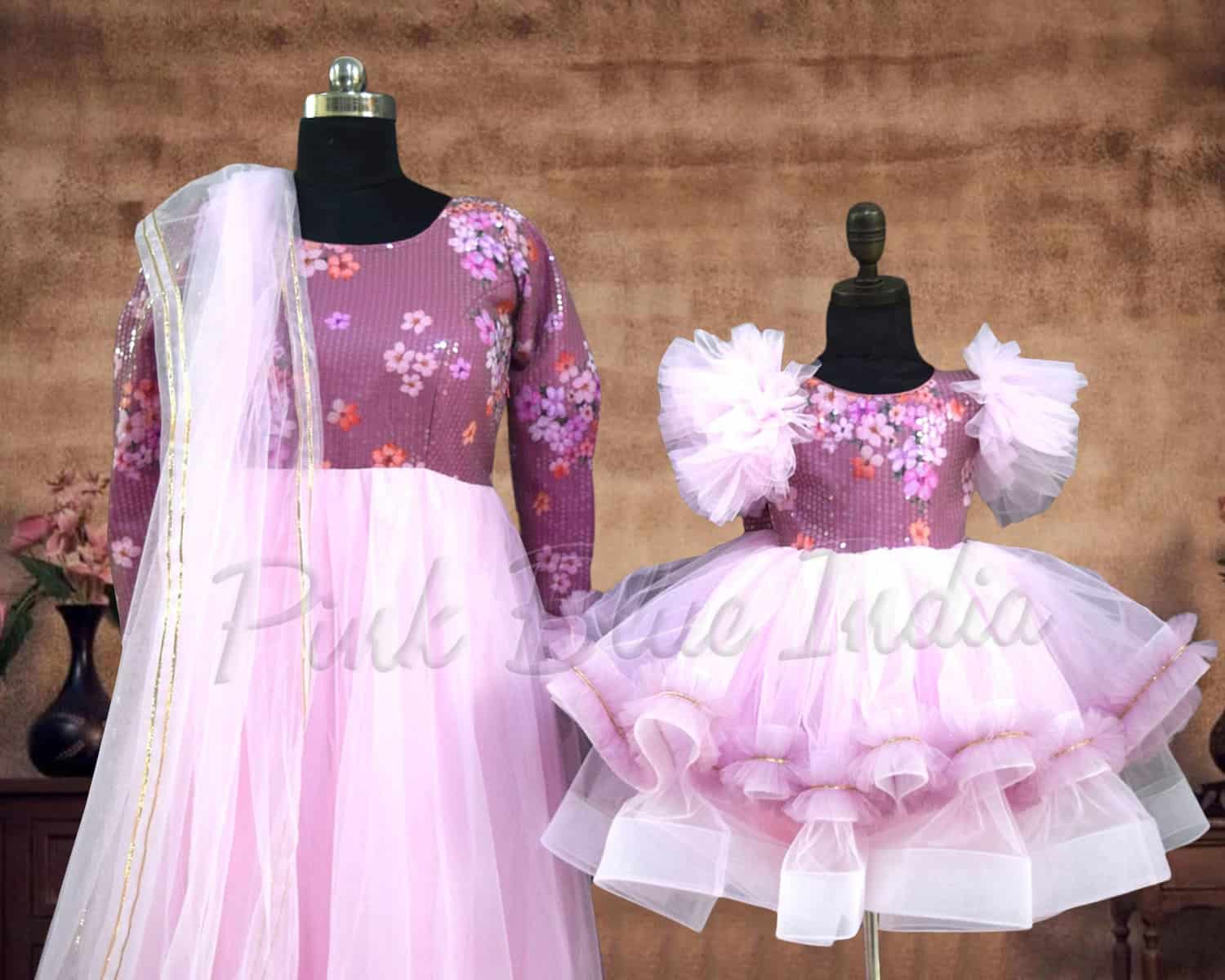 Mother daughter pink gown set family matching party wear stylish elegant outfit