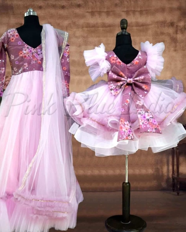 Mother daughter pink party wear gowns family coordinated stylish festive outfit
