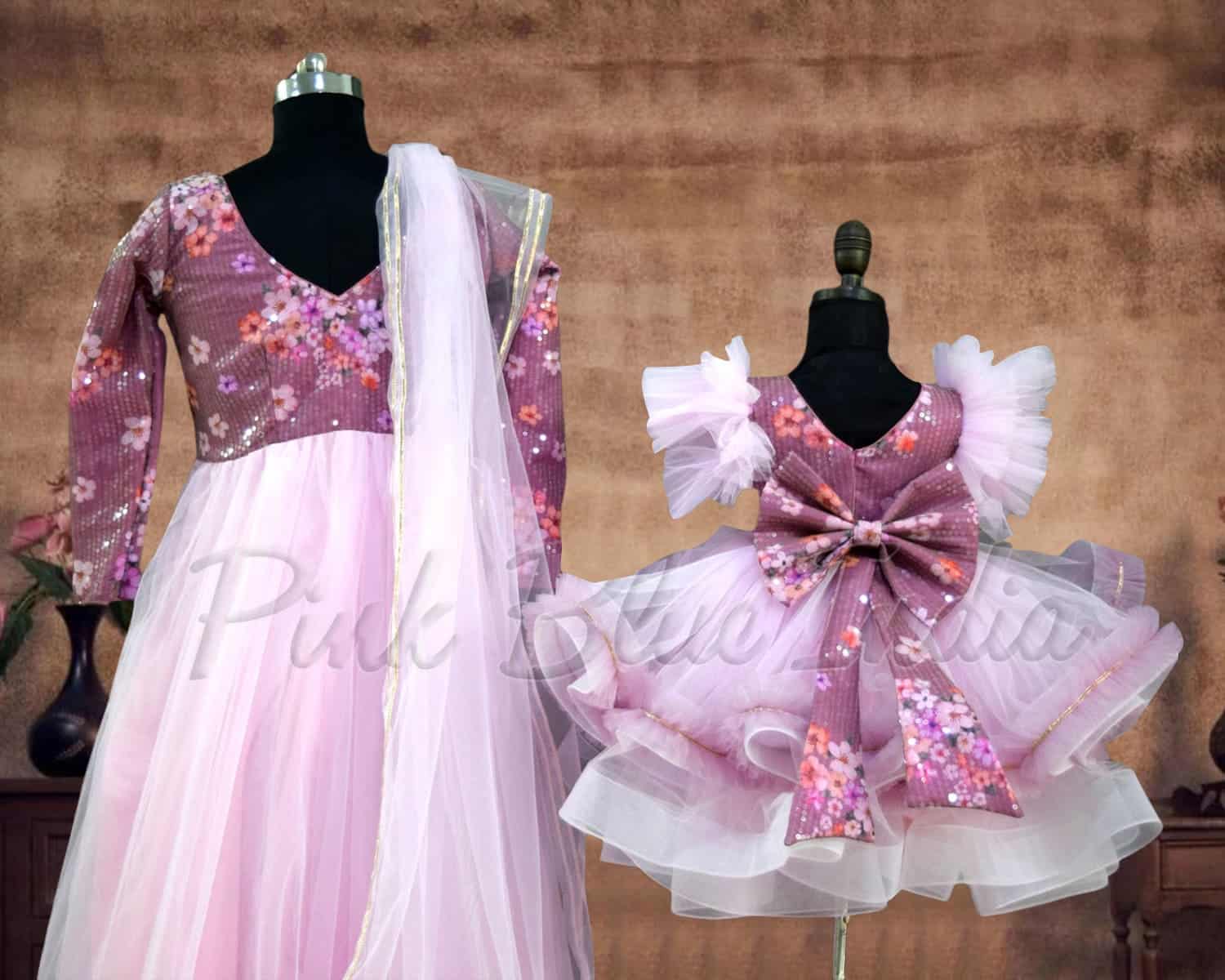 Pink matching gowns for mother daughter family wedding party wear graceful look