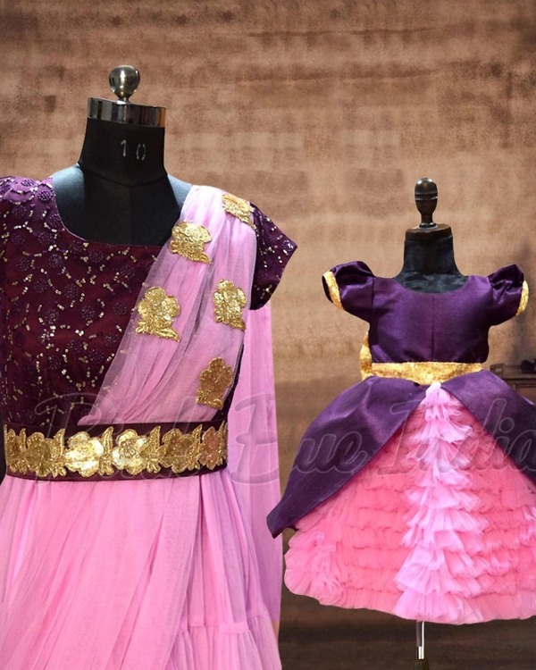 Matching purple net dresses for mom and daughter festive party wear stylish look