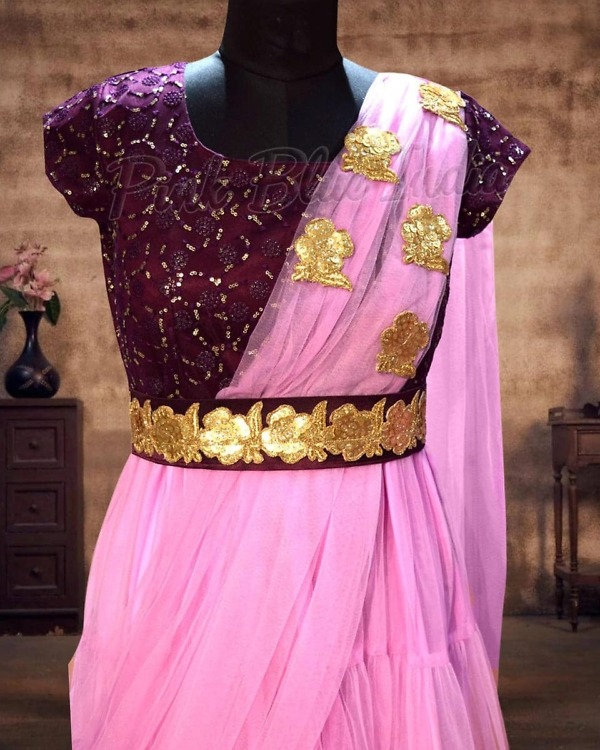Mother daughter purple net dress combo family wedding party wear graceful outfit