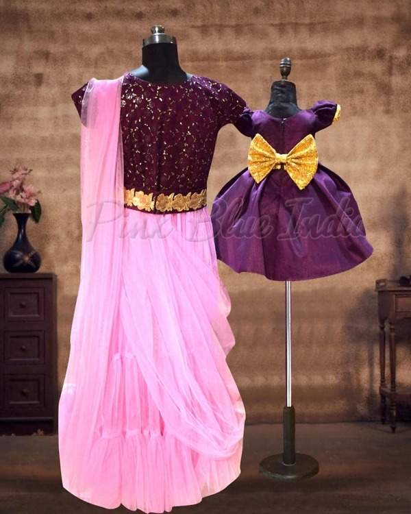 Purple net matching dress for mother daughter family party wear stylish elegant look