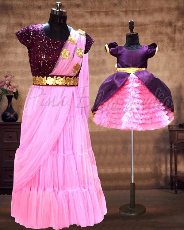 Mother daughter coordinated purple net dress set family party wear elegant outfit
