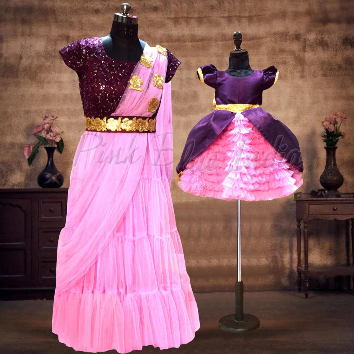 Mother daughter coordinated purple net dress set family party wear elegant outfit