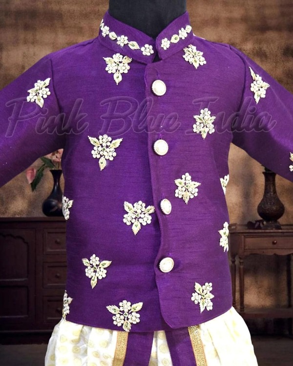 Baby boy purple silk jacket dhoti set festive wedding wear traditional stylish look