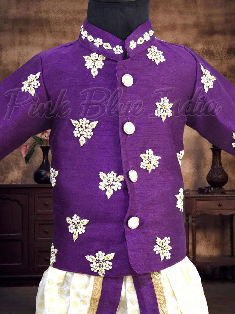 Baby boy purple silk jacket dhoti set festive wedding wear traditional stylish look