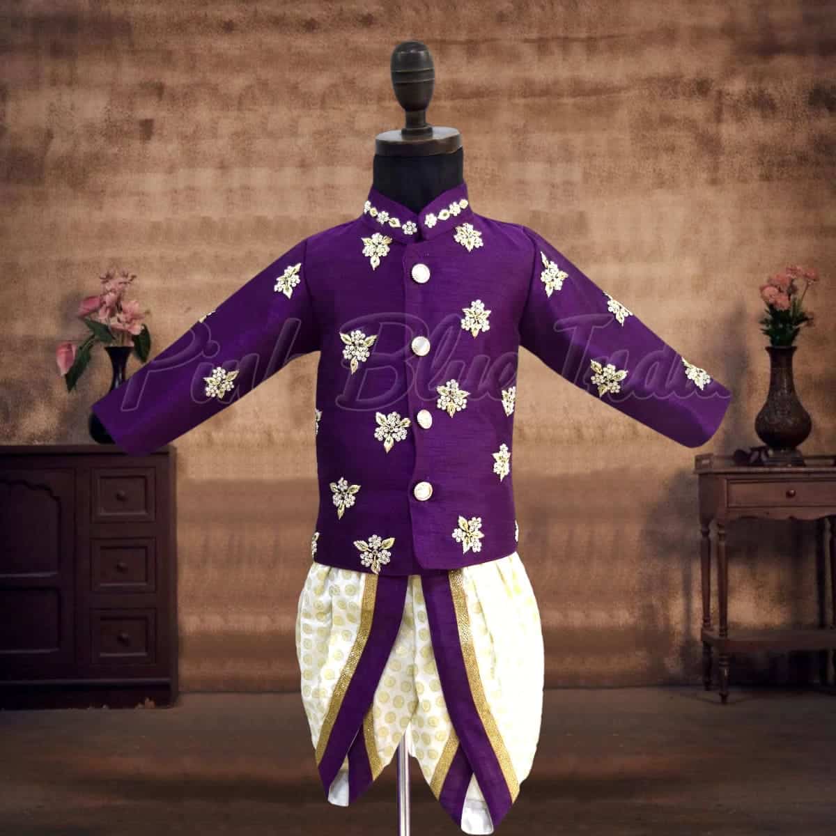 Boys silk jacket dhoti set purple kids festive wedding wear stylish ethnic outfit