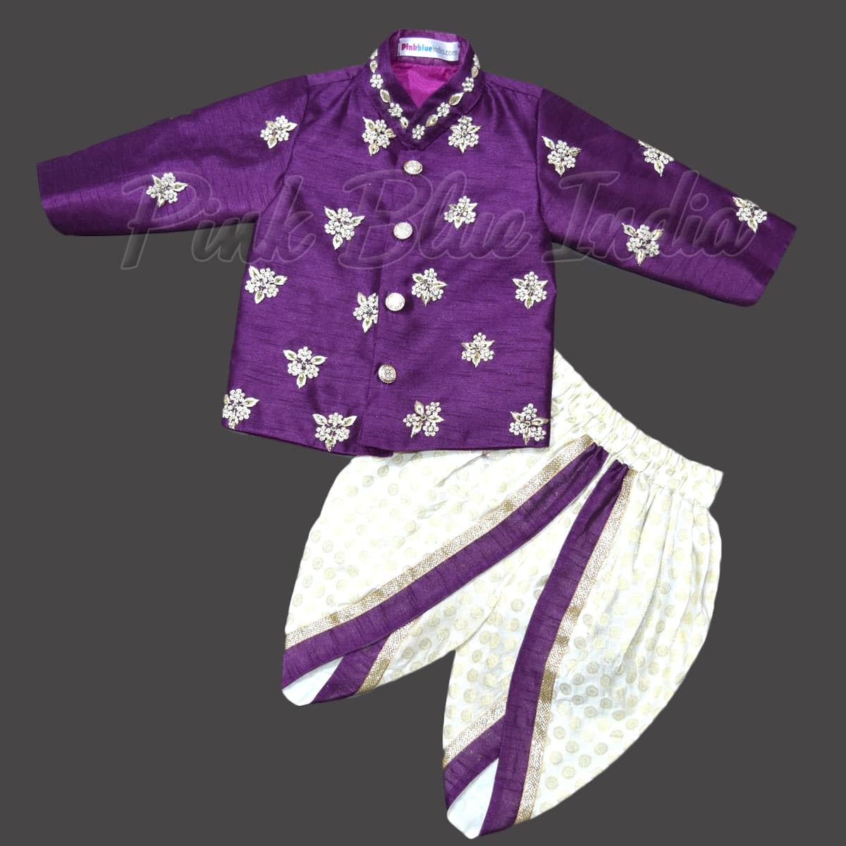 Purple traditional dhoti jacket outfit for baby boy festive wedding stylish look