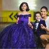 Purple off-shoulder princess tail dress, girls birthday party gown