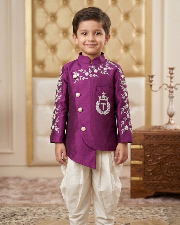 Baby boy purple embroidered kurta cream pajama, designer wedding ethnic wear, ideal gift