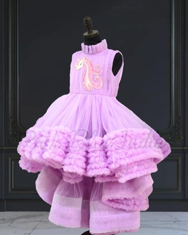Unicorn ruffled high low gown for baby girl, birthday party dress, cute stylish look