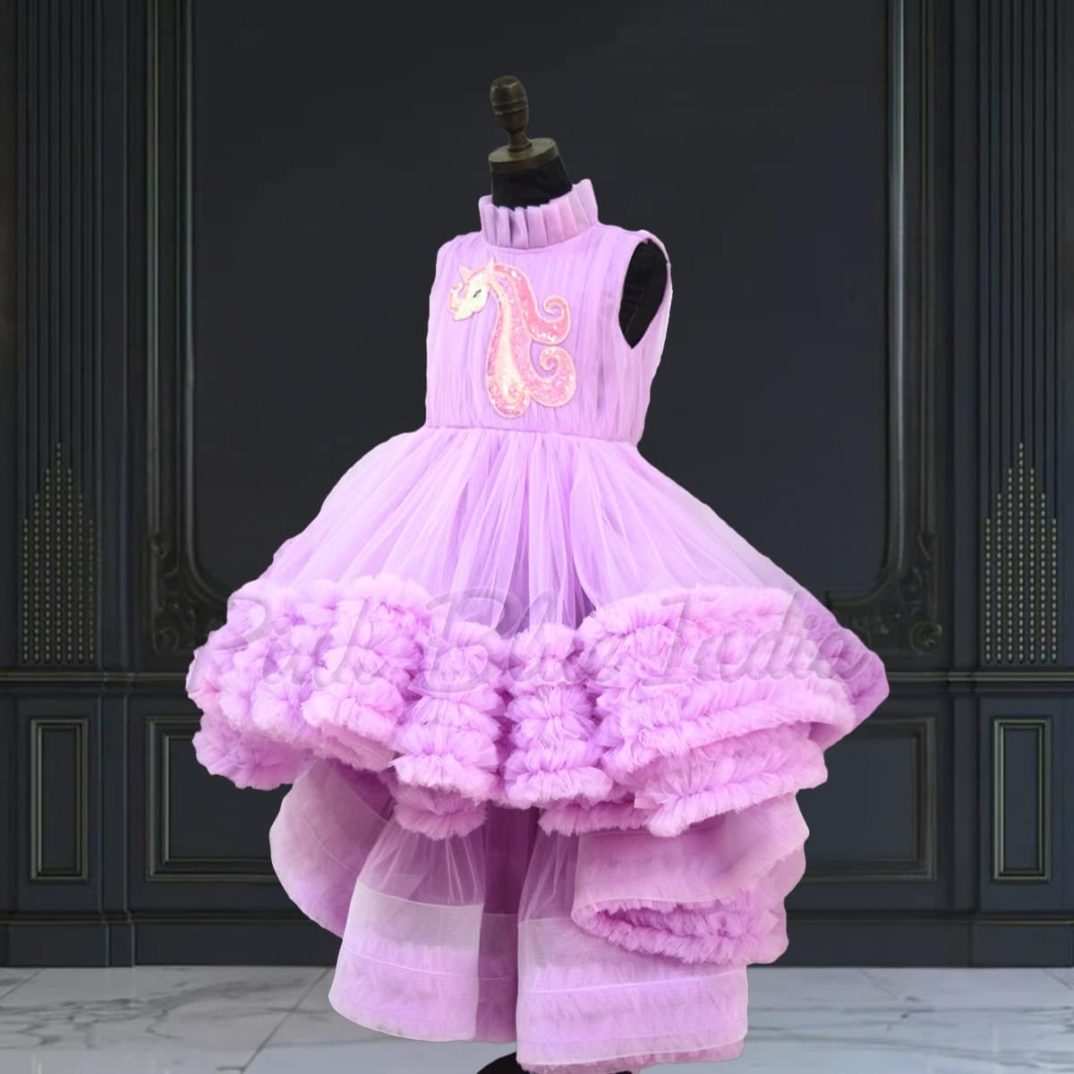 Unicorn ruffled high low gown for baby girl, birthday party dress, cute stylish look